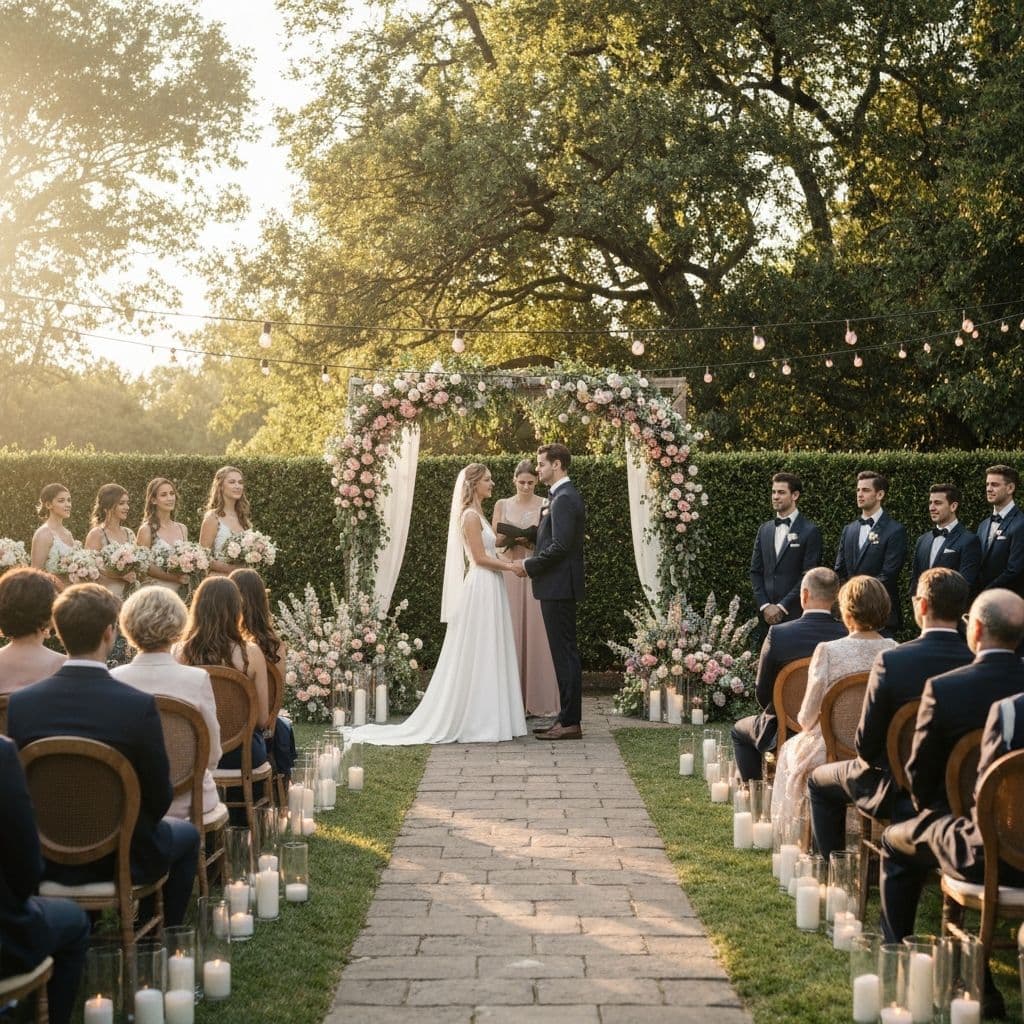 An elegant outdoor garden terrace wedding ceremony