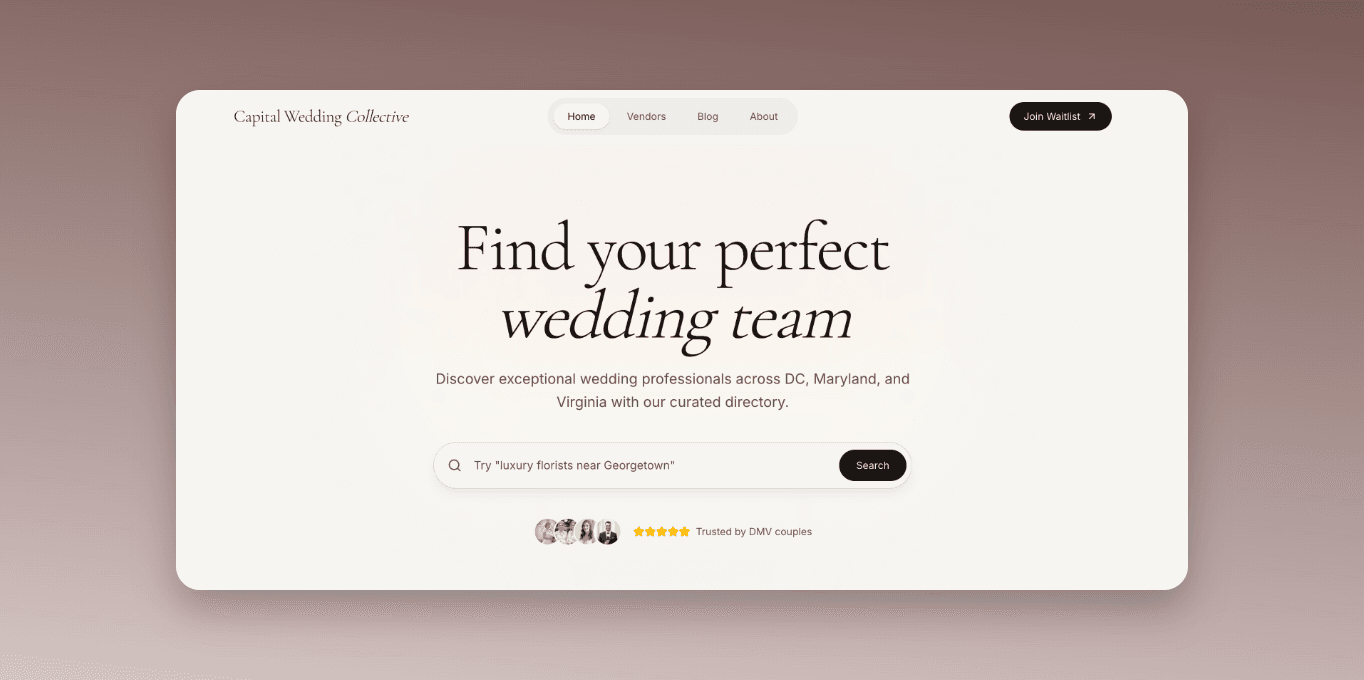 Capital Wedding Collective homepage hero section preview