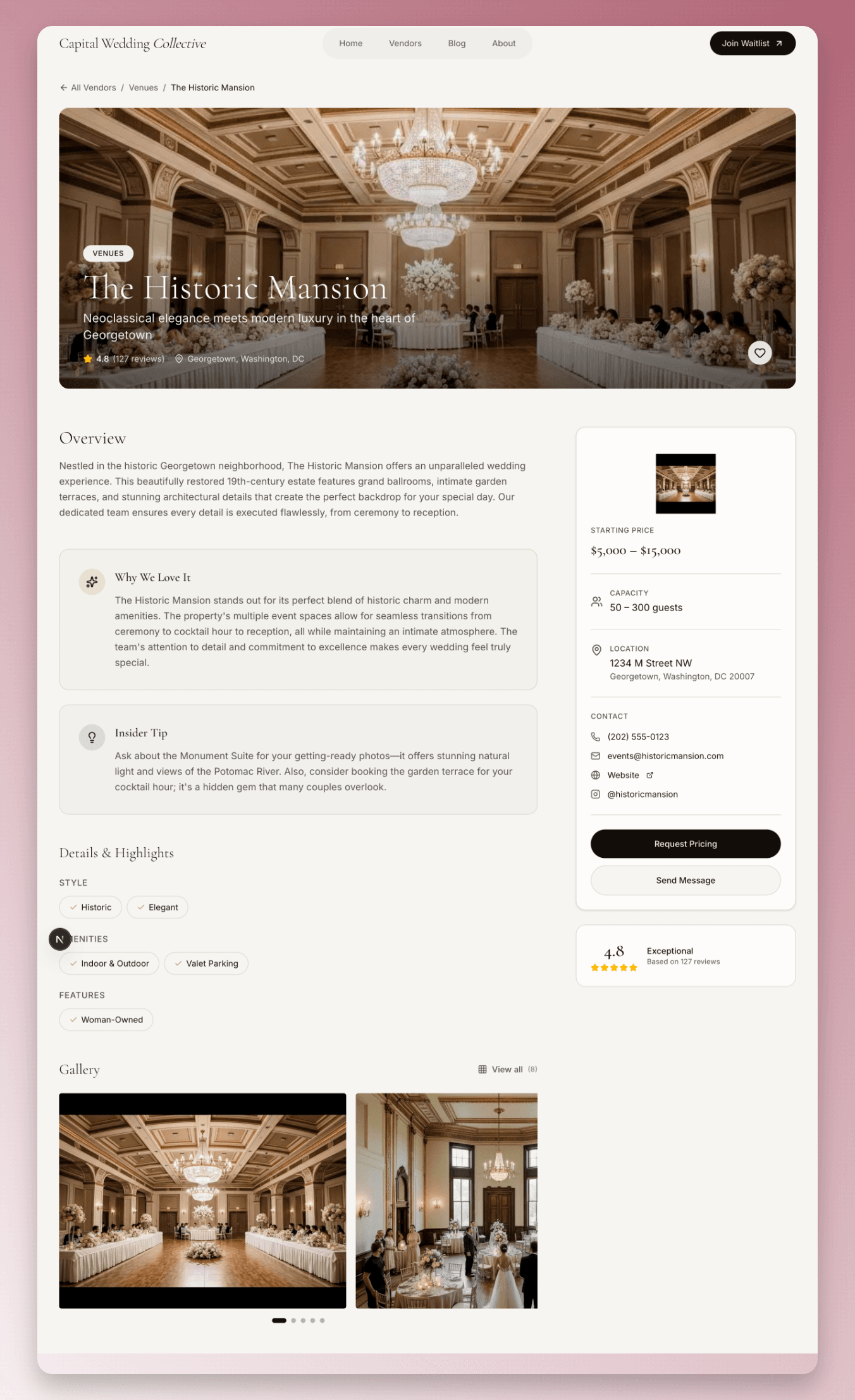 Capital Wedding Collective vendor profile page preview